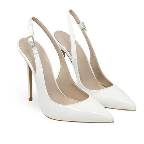 Pointed toe slingback décolleté in patent leather with 100mm or 120mm stiletto heel    Upper: Patent leather   Interior: Genuine leather   Closure: silver buckle   Fit: Regular   Non-slip sole    Handcrafted women's footwear 100% Made in Italy White Stiletto Heels, White Stilettos, Fancy Heels, Shoes Heels Classy, White High Heels, Heels Classy, Fashion Slippers, Pointed Heels, White Heels