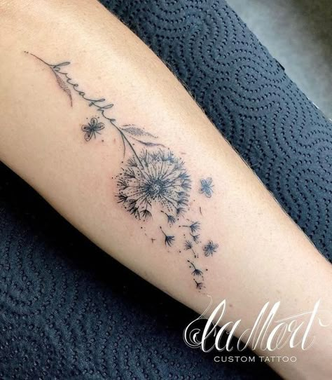 Breath Dandelion Tattoo, Dandelion Tattoo With White Ink, Dandelion Tattoo Just Breath, Dandilines Flower Tattoo, Tatoo Pic, Blowing Dandelion Tattoo, Breath Tattoo, Breathe Tattoos, Dandelion Tattoos