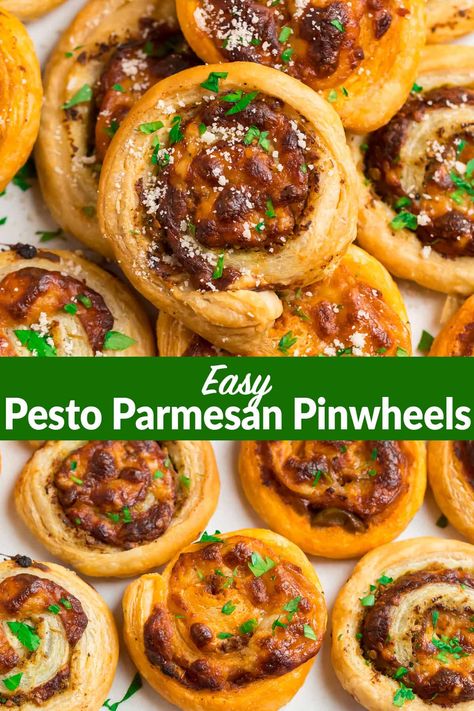 These Italian Pesto Pinwheels are one of the best easy appetizers! Flaky puff pastry filled with pesto, cheese, and prosciutto, then sliced and baked until golden. Freezer-friendly and so festive! Red and green, they're a great Christmas appetizer recipe and always a hit at holiday parties. #appetizers #puffpastry #christmasrecipes #wellplated #thanksgiving Pesto Puff Pastry Appetizers, Italian Appetizers Easy Finger Foods, Easy Italian Appetizers, Italian Appetizers Party, Best Easy Appetizers, Pesto Pinwheels, Pesto Appetizers, Italian Pesto, Italian Appetizers Easy