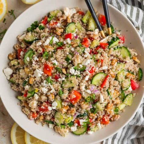 Cucumber Quinoa Feta Salad - Lemons + Zest Quinoa Feta Salad, Quinoa Salad Recipes Cold, Cucumber Quinoa Salad, Feta Quinoa, Lemon Zest Recipes, Dill Cucumber, Greek Quinoa, Strawberry Feta, Quinoa Recipes Easy