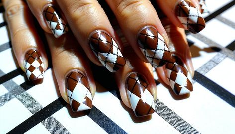 #BrownArgyleNails are stealing the spotlight! Perfect for fall, this chic nail trend blends elegance and fun. Try it now and level up your nail game! #NailArt #TrendyNails #NailInspo #FallFashion https://fitgag.com/brown-argyle-nail-art/4653/