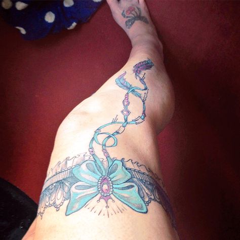 My gorgeous new tattoo by rosemount tattoo Aberdeen #girly #tattoo #girlytattoo  #Garter #gartertattoo #thigh #thightattoo #bow #bowtattoo #ribbontattoo #ribbon #legtattoo #leg #ladies #ladiestattoo Girly Tattoo, Garter Tattoo, Ribbon Tattoos, Bow Tattoo, Girly Tattoos, New Tattoo, Aberdeen, Thigh Tattoo, Dreamcatcher Tattoo