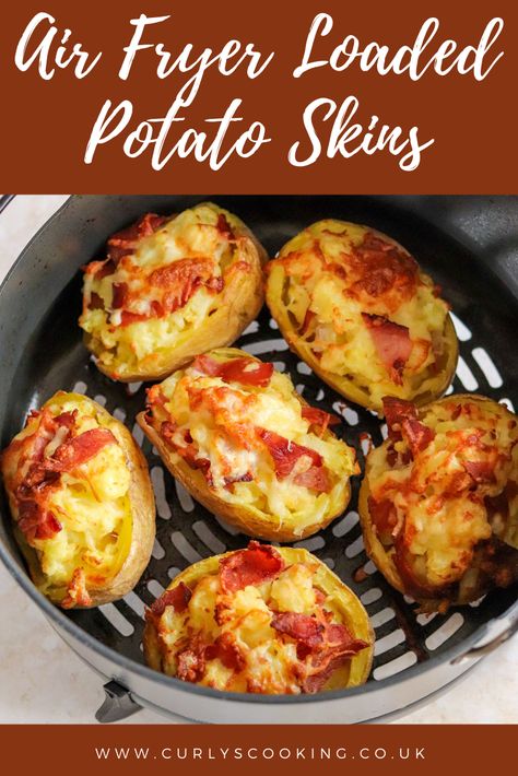 Stuffed with potato, cheese and bacon - what's not to love about these Air Fryer Loaded Potato Skins?! Simple to make and super delicious, they make a great appetizer, addition to a buffet or game day snack. Crispy Air Fryer Loaded Potato Skins, Loaded Potato Skins Air Fryer, Potatoe Skins Recipe Air Fryer, Potato Skins Appetizer Air Fryer, Air Fryer Stuffed Potatoes, How To Make Potato Skins, Chili Recipe With Potatoes, Potato Skins Air Fryer, Air Fryer Potato Skins