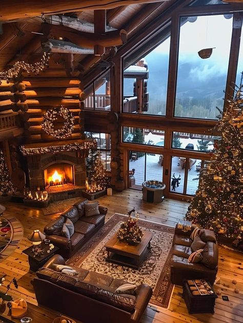 Christmas On The Beach, Winter Cabins, Christmas Interior Decor, Colorado Christmas, Christmas Lodge, Cabin In The Mountains, Log Home Decorating, Dream Life House, Cabin Christmas