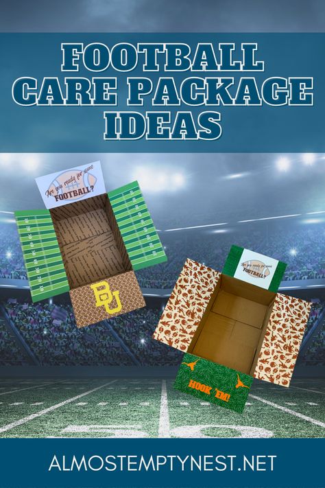 Fun Football Care Package ideas for college students, boyfriends, and military members. Free "Are You Ready for Some Football" printable and lots of football care package box decorating ideas and suggestions for items to include. Football Care Package Ideas, Football Season Care Package, Game Day Care Package Football, Football Care Package Boyfriends, Fall College Care Package Ideas, Football Basket Ideas, Football Basket Ideas Boyfriend, Football Care Package, Football Goody Bags