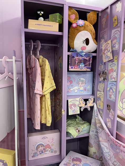 Cute Sanrio Bedroom, Kawaii Room Storage Cabinets, Sanriocore Bedroom, Sanrio Storage, Sanrio Collection Room, Muji Stationery, Sanrio Bedroom, Ocean Room Decor, Bedroom Purple