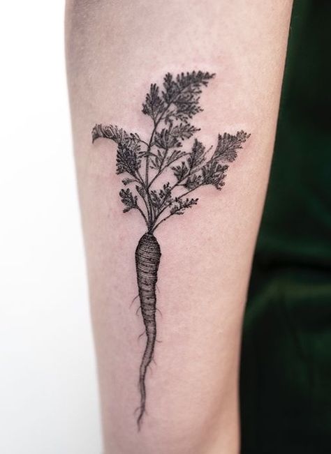 Carrot Tattoo, Vegetarian Tattoo, Potato Tattoo, Vegetable Tattoo, Cooking Tattoo, Cute Nickname, Full Tattoo, Food Tattoos, Mushroom Tattoos