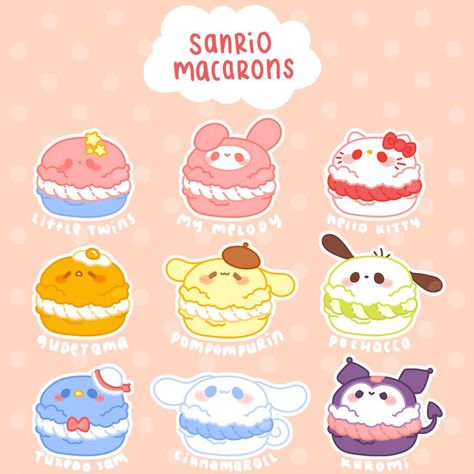 ♡*｡. Sanrio Macarons Menu .｡*♡ The full menu 🥺💞 who is your favorite? Kartu Ulang Tahun Diy, Kartu Pokemon, Dekorasi Halloween, Karakter Sanrio, Anak Haiwan, 귀여운 음식 그림, Cute Easy Doodles, Hello Kitty Crafts, Pola Kartu