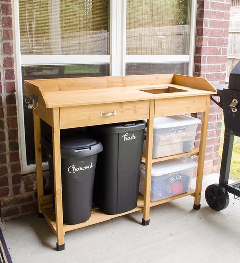 Back Patio Organization Ideas, Patio Smoker Station, Outdoor Kitchen Organization Ideas, Charcoal Storage Ideas Bbq, Bbq Accessories Storage Ideas, Charcoal Storage Outdoor, Grilling Organization, Bbq Organization Ideas, Grill Organization Ideas