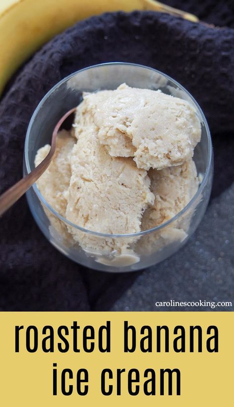 This roasted banana ice cream is the perfect use for overripe bananas in warmer weather - it is packed with lots of banana flavor and come together easily too. Roasting the fruit really intensifies the flavor for one delicious scoop! #banana #icecream #summerrecipe Ice Cream Recipes Banana, Ice Cream Out Of Bananas, Ice Cream From Bananas, Homemade Chocolate Banana Ice Cream, Banana Ice Cream Flavors, Banana Ice Cream Recipe, Roasted Banana, Gelato Recipe, Roasted Strawberries