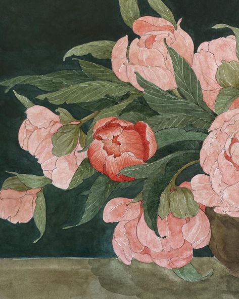 Carleigh Courey Wallpaper, Carleigh Courey Design, Pink Peony Painting, Carleigh Courey, Painted Peonies, Peonies Art, Peonies Painting, Peony Illustration, Pink Flower Painting