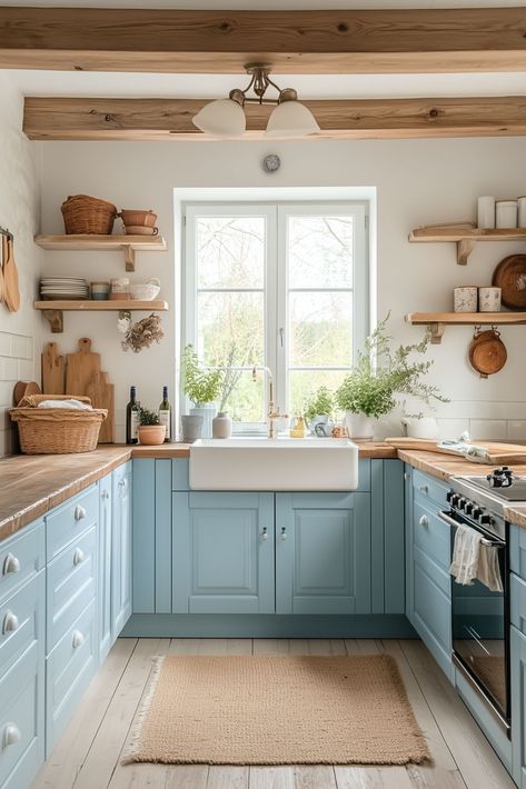 Kitchen Lilac, Soft Blue Kitchen, Cornflower Blue Kitchen, Blue Cottage Kitchen, Pastel Blue Kitchen, Powder Blue Kitchen, Vintage Blue Kitchen, Cottage Core Kitchen, Cottagecore Kitchen