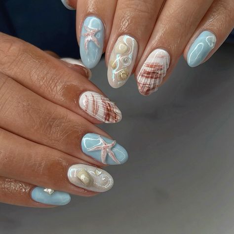 Beach Astethic Nails, Hard Gel Nails Design Summer 2024, Hard Gel Nails Design Summer, Blue Seashell Nails, Blue Shell Nails, Seashell Nails Design, Sea Shell Nails, Nail For Summer, Vacation Nail Colors