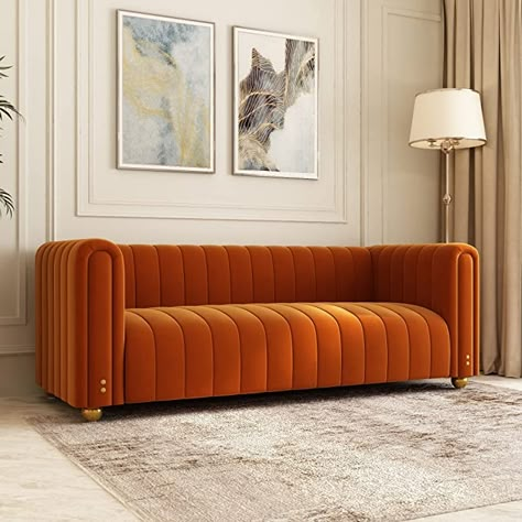 Modern Sofa Velvet, Dfs Velvet Sofa, Midcentry Modern Sofa, Mustard Velvet Sofa Living Room, Blue Velvet Sofa Orange Accents, Mid Century Living Room Orange Sofa, Dfs Velvet Corner Sofa, Next Wilson Button Back Sofa, Sofa With Love Seat