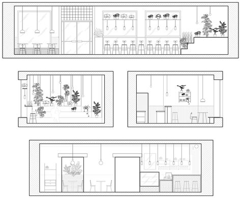 Baranova Pokorsky creates plant-filled cafe in St Petersburg Cafe Section Drawing, Sections Interior Design, Cafe Elevation Design, Coffee Shop Elevation, Section Drawing Interior, Section Interior Design, Interior Design Section, Shop Ideas Design, Dezeen Interiors