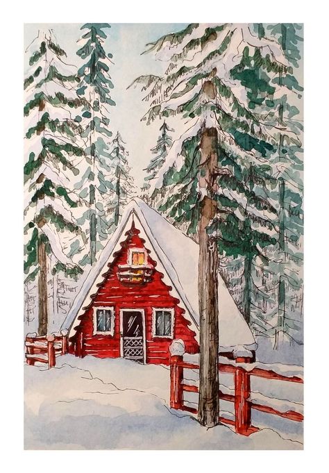 Christmas Drawing Watercolor, Chismas Drawing, Christmas Watercolor Paintings, Cottage Watercolor, Christmas Canvas Art, Winter Art Projects, Red Cottage, Paint Nite, Christmas Card Art