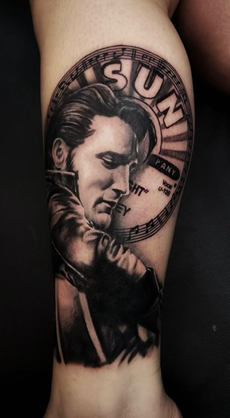 Elvis Presley portrait tattoo. I can't wait to add more to this piece! Elvis Presley Tattoo, Elvis Tattoo, Elvis Presley Memories, Rock Tattoo, Tattoo People, Sweet Tattoos, Leg Sleeve, Leg Sleeves, Love Tattoos