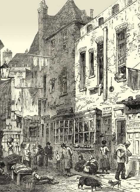 Victorian Slums, Victorian Era Aesthetic, Victorian Street, London Drawing, The Slums, Victorian Illustration, Victorian Age, Cardboard Model, Victorian Paintings