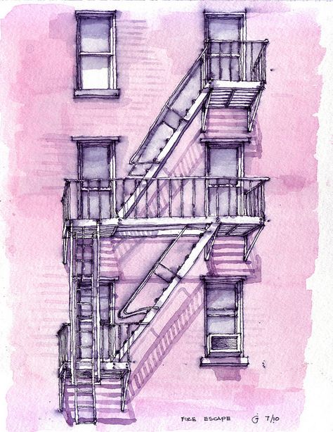 A Brooklyn Fire Escape, via Flickr. Nyc Drawing, Stairs To Heaven, Park Slope Brooklyn, Window Architecture, Building Drawing, Watercolor Architecture, Park Slope, Fire Escape, Nyc Art