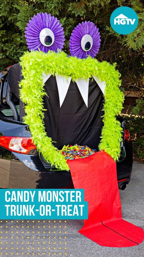 This quick and easy trunk-or-treat idea is great for first-time DIYers or last-minute shoppers. Halloween Car Decorations, Trunker Treat Ideas, Candy Monster, Trunk Or Treat Ideas, Dekorasi Halloween, Ideas For Halloween, Senior Project, Treat Ideas, Car Inspiration