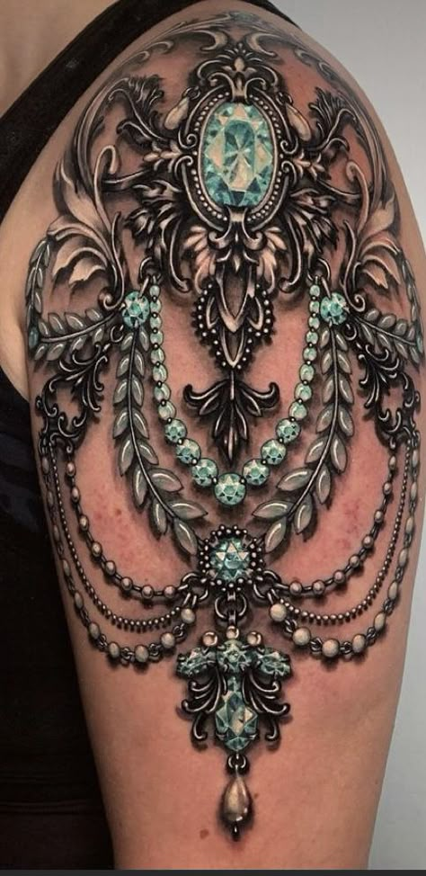 Ryan Ashley Tattoo, Lace Sleeve Tattoos, Jewelry Tattoo Designs, Ryan Ashley, Second Tattoo, Beaded Shawl, Gem Tattoo, Jewel Tattoo, Create A Tattoo