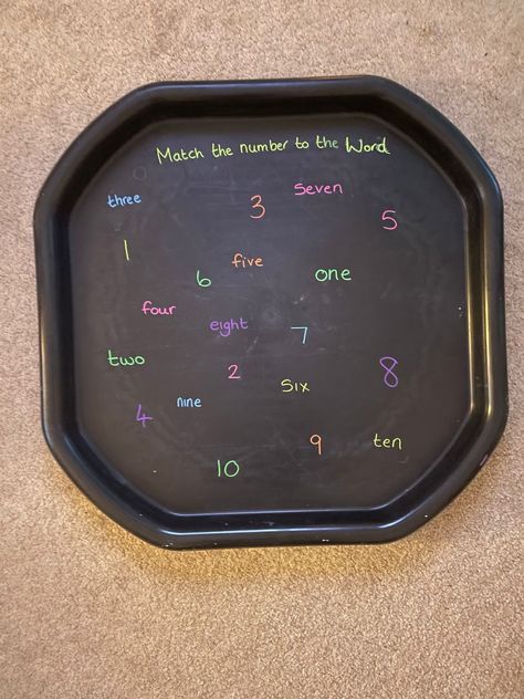 tuff tray activity to help children learn about numbers and words Number Bonds To 10 Tuff Tray, Maths Tuff Trays, Maths Tuff Tray Ideas, Number Bonds To 10, Number Bonds, Word Form, Tuff Tray, Word Recognition, Number Words