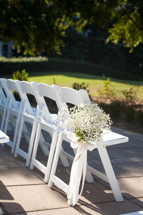 Wedding Chair Markers, Chair Decor Wedding Ceremony, Chair Markers For Wedding, Wedding Aisle Chair Decorations, Wedding Ceremony Chair Decor, Babies Breath Wedding, Wedding Pew Markers, Wedding Aisle Decorations Outdoor, Wedding Pews