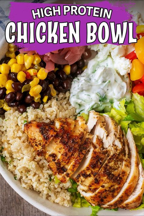 Chicken bowl with a text title overlay. Chicken Protein Bowl, Easy And Healthy Meal Prep, Power Bowl Recipe, Protein Bowl, Macro Meal Plan, Chicken Protein, Protein Bowls, Chicken Rice Bowls, Macro Meals