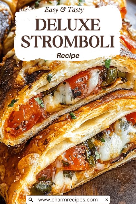 Deluxe Stromboli is a hearty, savory delight that's perfect for any occasion. This Italian-American classic is filled with a delectable combination of meats, cheeses, and vegetables, all wrapped in a crispy, golden-brown dough. It's a versatile dish that can be customized to suit your tastes, making it a family favorite and a hit at gatherings. Pie Crust Stromboli, Sides To Go With Stromboli, Phyllo Dough Pizza Recipes, Stromboli Recipe Easy Pillsbury, Stromboli Filling Ideas, Stromboli With Pizza Dough, Breakfast Stromboli, Homemade Stromboli Recipe, Italian Stromboli Recipe