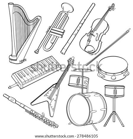 Orchestra Instruments Printable Worksheets Sketch Coloring Page Instruments Drawing, Brass Musical Instruments, Musical Instruments Drawing, Guitar Illustration, Music Notes Art, Family Coloring Pages, Music Worksheets, Hand Drawn Vector, Drawing Images