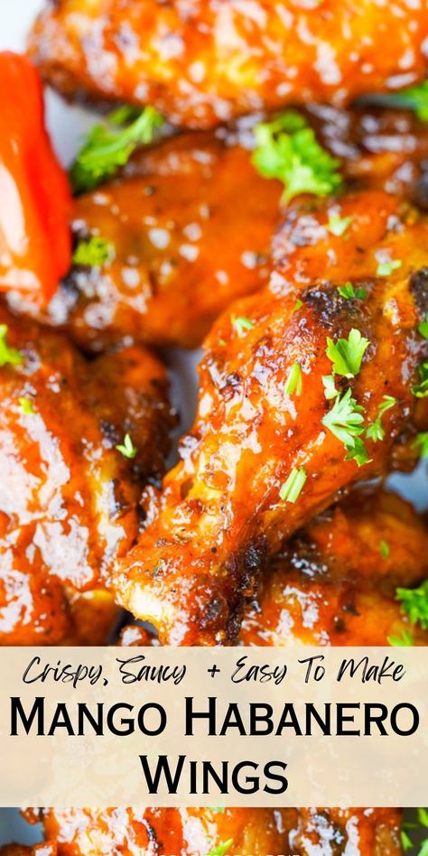 These Mango Habanero wings are totally addicting! They are the perfect balance of spicy and sweet! Made with an easy homemade sauce, these crispy, saucy wings are the perfect addition to your next party! Mango Habanero Wings, Honey Chicken Wings Recipe, Habanero Wings, Saucy Wings, Homemade Wings, Habanero Recipes, Chicken Wing Sauce Recipes, Food Baddie, Wing Sauce Recipes