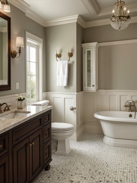 Embrace Rustic Elegance: Farmhouse Bathroom Inspiration! | aulivin.com Traditional Farmhouse Bathroom Ideas, Traditional Farmhouse Master Bath, Traditional Bathroom Fixtures, Guest Bathroom Ideas Traditional, Traditional Bathroom Color Schemes, Traditional Bathroom Vanity Ideas, Bathroom Remodel Timeless, Traditional Bathrooms Remodel, Classic Traditional Bathroom Design