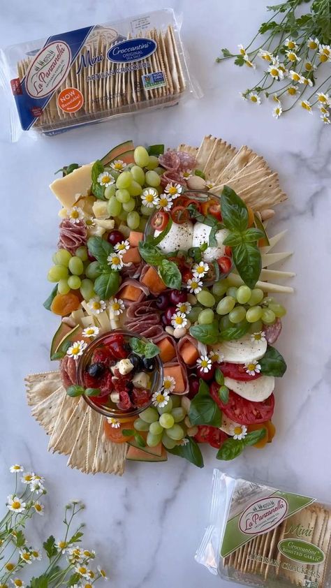 Center Piece Charcuterie Board, Small Rectangle Charcuterie Board Ideas, Rectangle Charcuterie Board Layout, Prosciutto Melon, Charcuterie Board Meats, Tomatoes Mozzarella, Fruit Platter Designs, Fresh Cherry, Charcuterie Platter