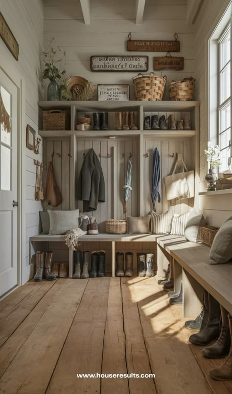 Log Cabin Mudroom Ideas, Dream Mudroom Laundry, Breezeway Ideas Enclosed Mudroom, Functional House Ideas, Barndominium Mudroom, Farm Mudroom, Built In Mudroom, Mudroom Built Ins, Chalet Style Homes Interior