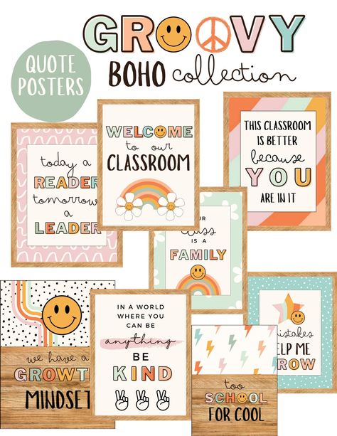 These ready-to-print quote posters will not only add to the happy aesthetic of your classroom, but will also encourage and lift up your students with positivity! Creating an inviting and nurturing environment is key in any classroom and these posters do just that. Included: -positive quote posters in 31 different designs/quotes DISCLAIMER: Within the PDF file you will find a link + step-by-step instructions to access the digital download. The link will take you to the Canva site in which you wil Boho Groovy Classroom, Aesthetic Classrooms, Retro Groovy Classroom Decor, Classroom Decor Groovy, Boho Classroom Rules, Aesthetic Classroom Decor, Retro Classroom Theme, Groovy Retro Classroom, Groovy Classroom Posters