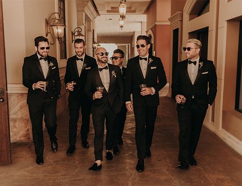 Modern Glam White and Gold Wedding Groomsmen Black And Gold, Groomsmen Attire Black And Gold, Black White Gold Wedding Party, Black And Gold Groom Suit, Black And Gold Groomsmen Attire, Black Suit With Gold Tie, Black And Gold Groomsmen, Black Suit With Gold Accents, Groomsmen Attire Gold