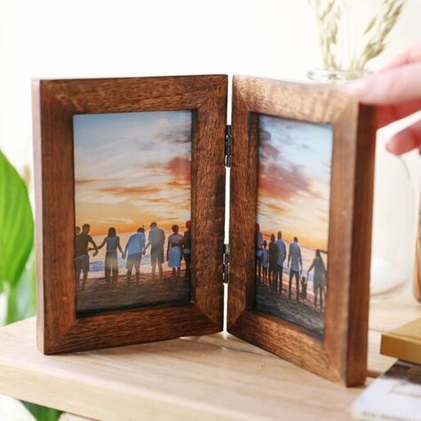 Double Photo Frame, Table Top Frame, Wood Hinges, Glass Photo Frames, Double Photo, Dark Wood Stain, Family Presents, Wood Images, Double Frame