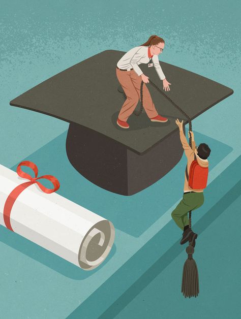 Illustration of someone helping a student climb onto a mortar board John Holcroft, Teachers Day Drawing, Education Magazine, Education Poster Design, Satirical Illustrations, 카드 디자인, Conceptual Illustration, Magazine Illustration, Poster Drawing