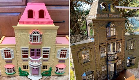 Mom Starts Upcycling Thrifted Plastic Dollhouses Into Spooky Mansions, And She's Absolutely Nailing It | Bored Panda Halloween Dollhouse Makeover, Fisher Price Dollhouse Makeover, Antique Lamps Vintage Lighting, Halloween Doll House, Toy Makeover, Matte Black Spray Paint, Haunted Doll House, Dollhouse Makeover, Halloween Dollhouse