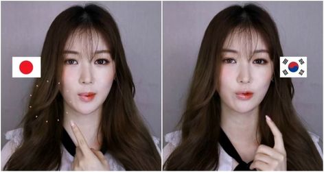 The image shows a Youtuber displaying the differences of makeup depending on country of origin. In this case Japan vs Korea. Both are meant to show how doing your makeup a certain way enhances one's look. Japanese Vs Korean, Korean Makeup Trends, Japanese Eyes, Chinese Makeup, Matte Skin, How To Apply Blush, Japanese Makeup, Best Concealer, Makeup Tutorial Video