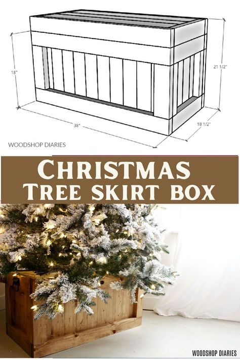 "Look at this wooden chest that doubles as a DIY Wooden Christmas Tree Skirt Box! I love a good multipurpose project and this one is great for SO MANY THINGS! Wooden Tree Skirt, Christmas Tree Skirt Box, Diy Wooden Christmas Tree, Christmas Tree Box, Storing Christmas Decorations, Tree Box, Wooden Christmas Tree, Box Building, Christmas Tree Stand