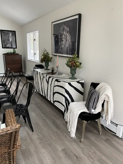 Handpainted zebra print chest buffet. Black and white decor  African home decor Zebra Living Room Decor Ideas, Zebra Print Interior Design, Zebra Print Furniture, Zebra House Decor, Zebra Bedroom Decor, Mid Century Home Interior, Zebra Living Room, Zebra Couch, Living Room College