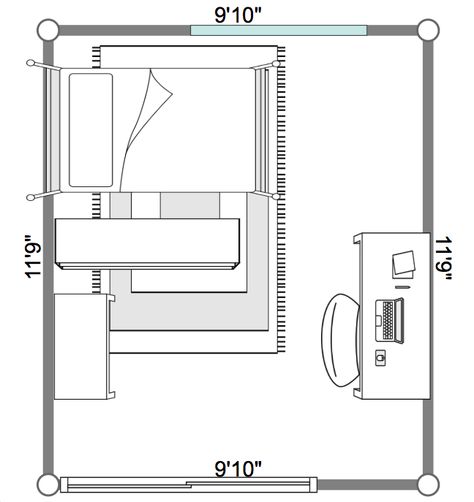 This layout places the KALLAX storage unit alongside the bed, as a divider. The Lego cart and storage unit create an L-shape around the rug, so that Mitya can play with legos there. This also leaves room for a dresser, if needed, either across from the foot of the bed or in place of the lego cart.  This layout assumes the smaller, ALEX desk and larger Bennett Lego cart. Small Bedroom Layout Ideas With Desk And Dresser, Bedroom Dresser Layout, Bed Placement Small Room, Lego Cart, Dresser Layout, Dorm Room Ideas Layout, Bed Placement Ideas, Small Bedroom Dresser, Kallax Storage