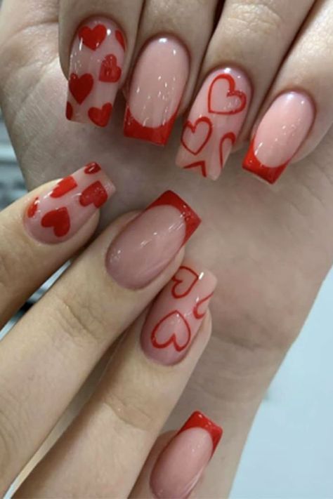 Valentines Nail Inspo Red, Valentine's Day Nails Short Square, Short Square Nail Designs Valentines, Red Birthday Nails Acrylic Medium, Short Square Valentines Nails Red, Birthday Valentines Nails, Valentines Day Nails Square Medium, Valentine’s Outfit Women, French Valentines Day Nails