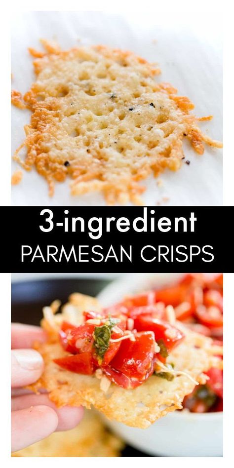 Garlic Parmesan Crisps are an easy 3-ingredient appetizer that take less than 20 minutes to make! They’re made with shredded Parmesan cheese, garlic powder, and fresh cracked pepper, and are delicious on their own or served with bruschetta. Atkins Low Carb Recipes, Cheese Breads, Side Dishes Gluten Free, Parmesan Crisps Recipe, Homemade Bruschetta, Parmesan Cheese Crisps, Crockpot Side Dishes, Keto Intermittent Fasting, Parmesan Chips