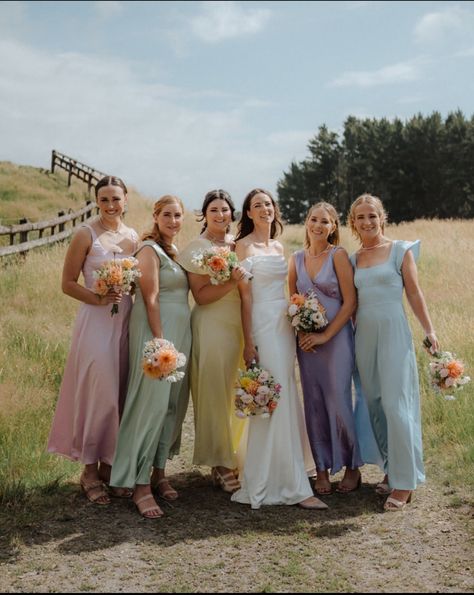 Pastel Colorful Bridesmaid Dresses, Light Pastel Bridesmaid Dresses, Prada Cake, Hera Couture, Pastel Wedding Theme, Pastel Bridesmaids, Peter Brown, Pastel Bridesmaid Dresses, Bridesmaid Colors