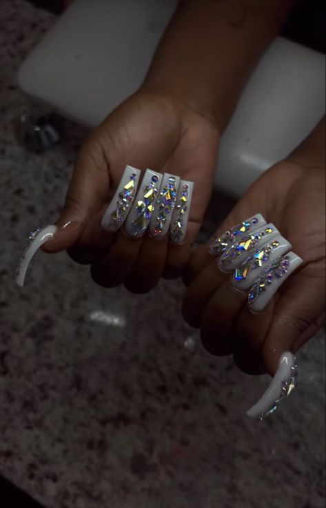 Xl Nails With Rhinestones, Xl Curved Acrylic Nails, Fye Nails, Curved Nails, Big Mama, Long Acrylic, Long Square Acrylic Nails, Unique Acrylic Nails, Bling Acrylic Nails