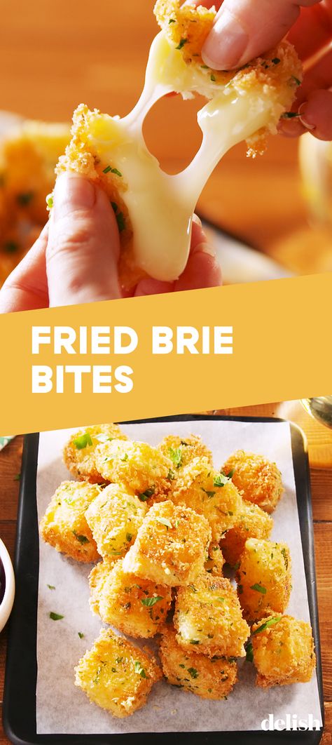 Fried Brie Bites are the holiday party app of your DREAMS. Get the recipe at Delish.com. #recipe #easy #easyrecipes #delish #apps #appetizer #fried #brie #cheese #partyapps #partyideas #partyfood Fried Brie Bites, Brie Meal Recipes, Leftover Brie Recipes, Bre Cheese Ideas, Fried Brie Cheese, Appetizers Brie, Fried Brie, Brie Cheese Recipes, Gourmet Grilling