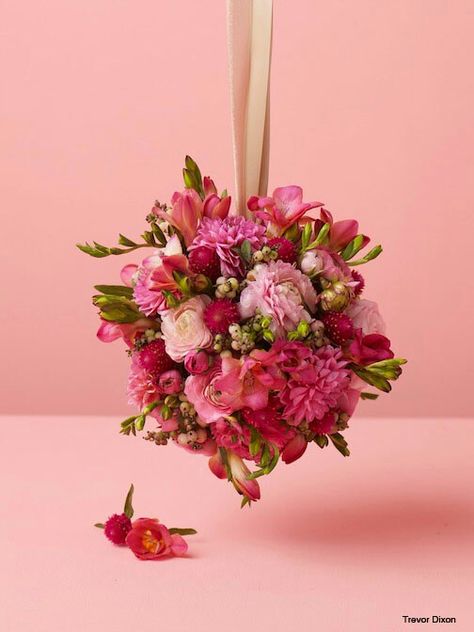 Kissing balls Pomander Bouquet, Dahlia Pink, Kissing Balls, Pink Ranunculus, Pink Dahlia, Sweet William, Garden Party Wedding, Flower Ball, Dress Flower