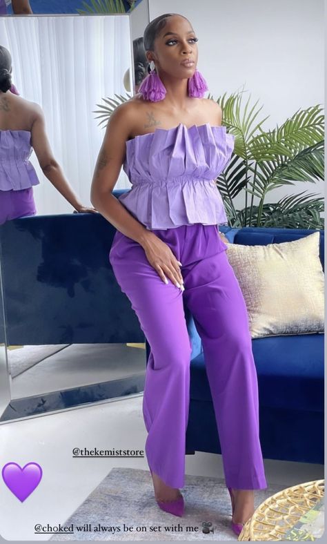 Purple Birthday Outfit For Women, Purple Chic Outfit, Periwinkle Outfit Ideas, Purple Two Piece Outfit, Purple Trousers, Outfit Combos, 2piece Outfits, Color Combos Outfit, Color Blocking Outfits